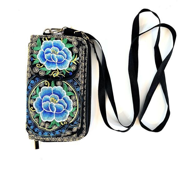 Boho Embroidered Crossbody Bag, Blue Rose‎ Peony Wallet Purse - Picture 1 of 8